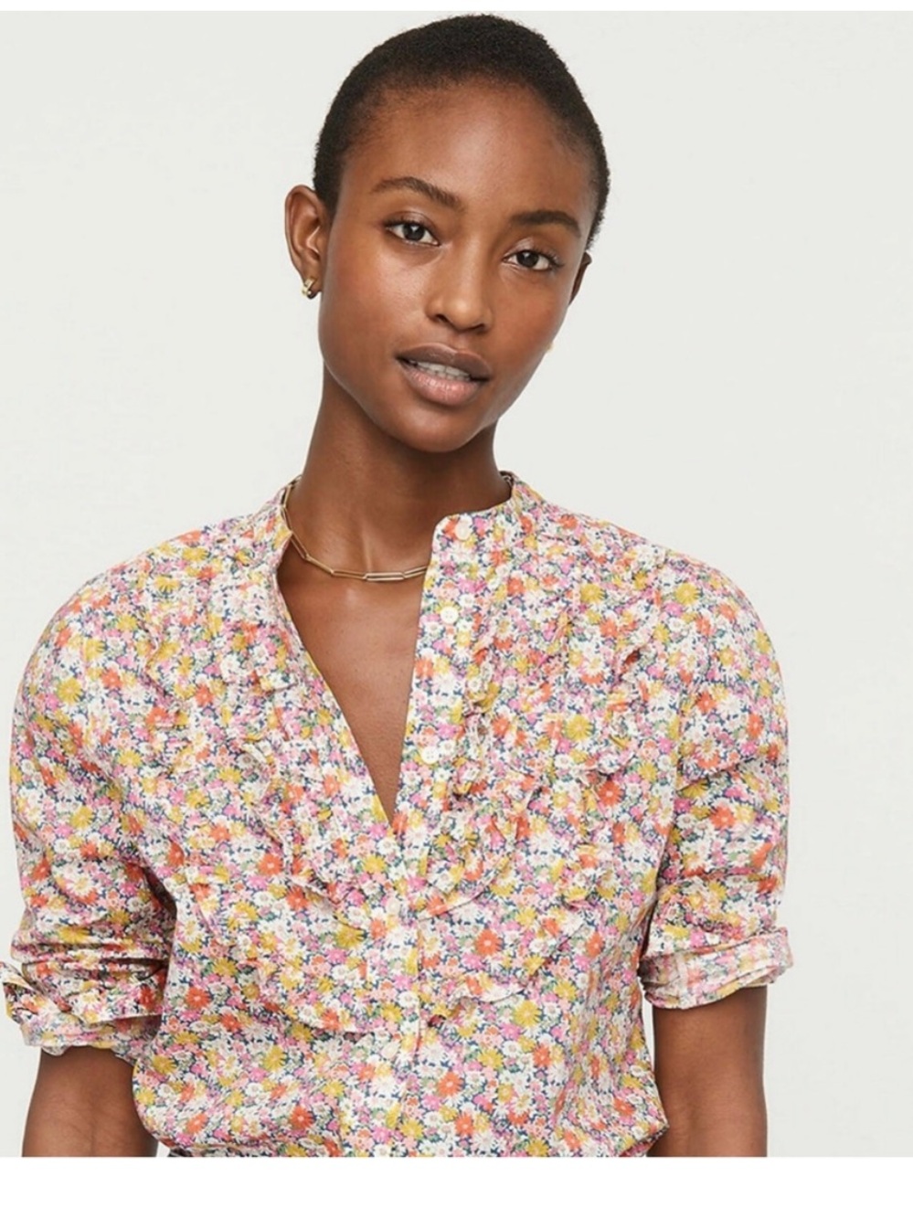 J Crew Band-collar ruffle-front shirt in Liberty® Libby floral
Ruffle front 
L